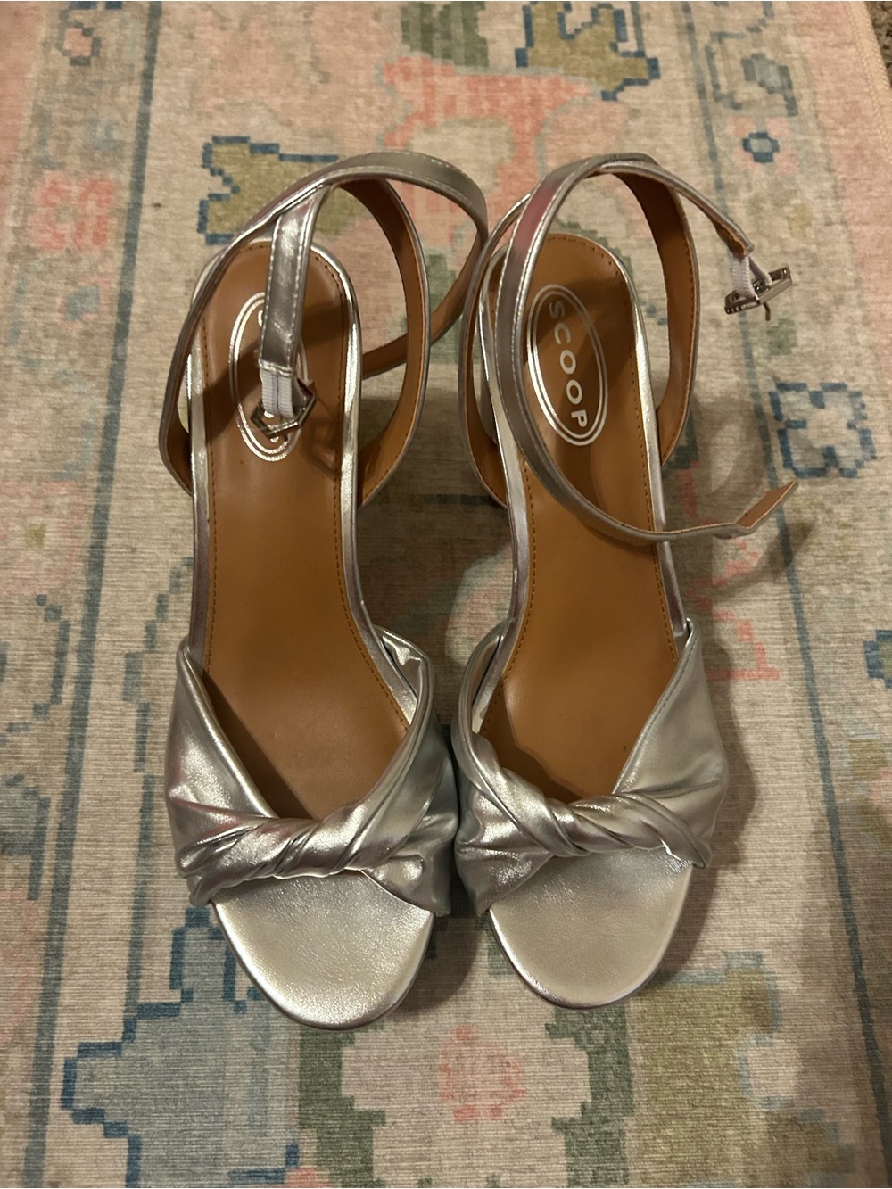 Scoop Silver Knotted Ankle-Strap Heels